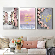 Nordic Home Decoration Seascape Poster Pink Roses Oil Canvas Painting Romantic Landscape Wall art Pictures For Living Room 2024 - buy cheap