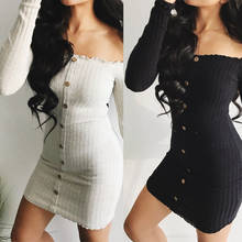 Trendy Women dress Long Sleeve solid Button Off Shoulder Evening casual Party cotton Bodycon Mini Dresses one pieces 2024 - buy cheap