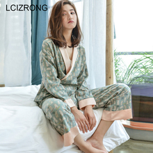Spring Fashion Cotton Pajamas Set Women V-neck Long Sleeve Tops Ankle-Length Pants Comfortable Cute Print Home Clothes 2024 - buy cheap