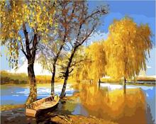 Outono árvores por lago paisagem colorida por números pintura a óleo digital em tela decoração de parede para sala de estar 60x cm 2024 - compre barato