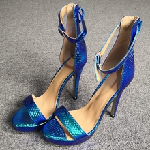 Оригинальные Модные женские босоножки; Босоножки с открытым носком на высоком тонком каблуке; женская обувь синего цвета; большие размеры 4-20 2024 - купить недорого