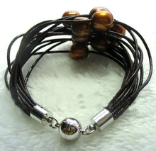 Newest Leather Pearl Jewellery,15Rows Brown Freshwater Pearls Leather Bracelet,Magnet Clasp 2024 - buy cheap