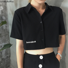 Aremomuwha camisa feminina de design curto, nova versão coreana de camisa preta folgada com manga curta, cor sólida, mh393, 2019 2024 - compre barato