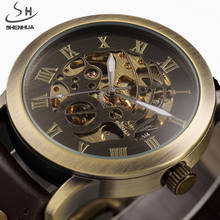 SHENHUA Skeleton Automatic Mechanical Watch Men Retro Vintage Bronze Leather Watches Luxury Brand Watch Relogio Masculino 2024 - buy cheap