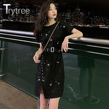 Trytree Summer Casual Dress Women Shining Dot Solid Polyester Party Dresses O-Neck Belt Straight Above Knee Casual T-shirt Dress 2024 - buy cheap