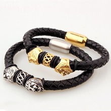 New Classic Style Men Leather Bracelet Double Lion Stainless Steel Button Neutral Accessories Hand Woven Jewelry Gifts YM-09 2024 - buy cheap