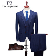 TIAN QIONG Brand Men Suit 2018 Slim Fit Mens Blue Stripe Suits 3 Pieces Groom Wedding Suit High Quality Men's Suits Formal 2024 - buy cheap