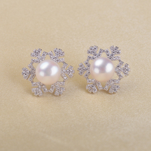 Genuine 925 sterling Silver Stud  Earrings freshwater Pearl with Rhinestone crystal snowflakes shape Jewelry 7-8mm free shipping 2024 - buy cheap