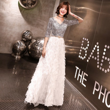 Evening Dress New Fashion 2019 Half Sleeve V-neck a Line Prom Party Dress Sequined Top White Evening Gowns Robe De Soiree 2024 - buy cheap