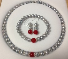 New arrival women 8-8.5mm Cultured Gray Pearl/Red Chalcedony Bracelet Necklace Earrings Set Women Jewelry Design Wholesale 18'' 2024 - buy cheap