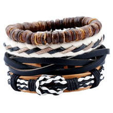 4pcs/set Vintage Boho black Leather white cord knots charm coconut Beads Layers stackable wrap Bracelet Bangles Unisex Jewelry 2024 - buy cheap