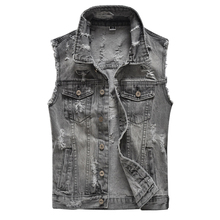 Men's gray holes ripped jean vest Slim sleeveless fringe denim tank top Fashion waistcoat 2024 - buy cheap