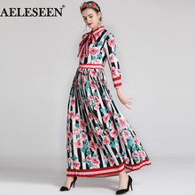 AELESEEN Vintage Fashion Dress Women 2021 Autumn Winter Bow Full Sleeve Rose Print Strip Pleated Bohemian Maxi Long Dress Women 2024 - buy cheap