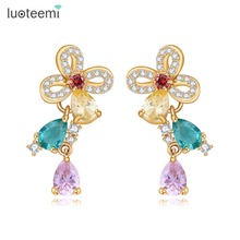 LUOTEEMI Nueva Moda Corea Del Estilo Chispeante Multicolor Cubic Zirconia Aretes de Flor Para Las Mujeres de Alta Calidad de La Joyería Brincos 2024 - compra barato