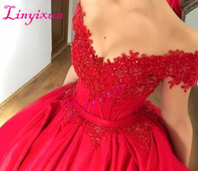 Modest Off Shoulder Red Ball Gown Prom Dresses Appliques Beaded Satin Corset Lace Up Evening Dresses Custom Sweet 16 Dresses 2024 - buy cheap