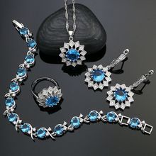 Conjuntos de joias festa com prata esterlina 925, com brincos, zircônia cúbica azul e branca, pingente, colar, anel, pulseira para mulheres 2024 - compre barato