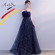ArtSu Women Strapless Floor-Length Sequin Party Dress Navy Blue Elegant Floral Embroidery Maxi Bandage Mesh Tutu Dress Ball Gown 2024 - buy cheap