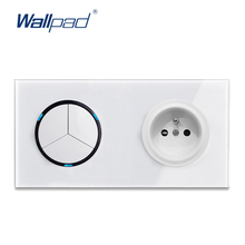 Wallpad l6 branco vidro temperado led 3 gang interruptor de luz parede com soquete elétrico francês clique aleatório botão 2024 - compre barato