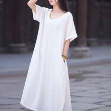 Original vintage loose solid colors cotton linen dress for female summer long gown robe dress plus size large size dresses M-6XL 2024 - buy cheap