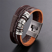 Pulseira de couro masculina, bracelete clássico com múltiplas camadas na moda, corrente de caveira 2024 - compre barato
