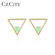 Czcity-brincos triangular 925, brincos de prata esterlina, halo, cristal, brilhantes, pedras preciosas, bijuteria fina, novo 2024 - compre barato