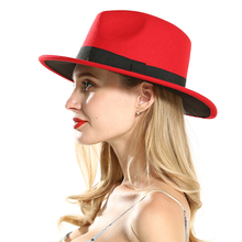Sombrero Fedora de ala ancha para mujer, sombrero de fieltro de lana para Festival, Jazz, Trilby, Panamá, algodón, poliéster, rojo y negro 2024 - compra barato