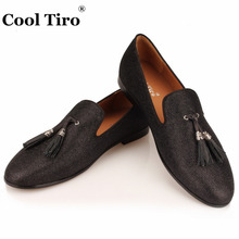 COOL TIRO Glistening Black glitter Tassel Loafers Men Slippers Moccasins Genuine Leather Dress Shoes Men's Flats Gentleman Prom 2024 - buy cheap