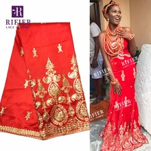 Gold Sequined African George Lace Fabric In Red For Indian Lady Wedding Dress Sewing Nigerian Embroidery George Silk Lace Fabric 2024 - buy cheap