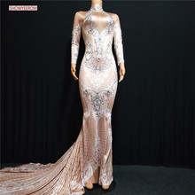Fashion Sparkly Big Crystals Dress Long Train Women Birthday Costume Prom Celebrate Nude Big Tail Dresses Evening Outfit 2024 - buy cheap