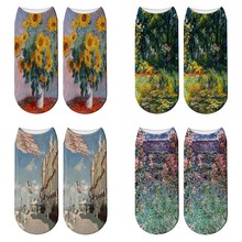 Calcetines cortos con estampado 3D de pintura al óleo de Claude Monet para mujer, calcetines tobilleros divertidos y alegres de verano, ramo de girasoles, pintura al óleo, novedad 2024 - compra barato