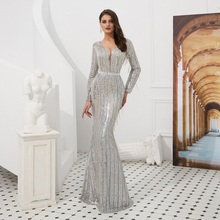 Вечернее платье с длинным рукавом и кисточками Abendkleider, серебряное, вечернее, 2019 2024 - купить недорого