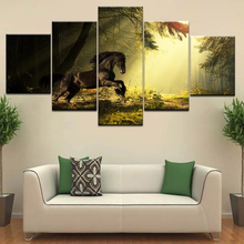 Lona hd imprime fotos decoração de casa 5 peças abstrata cavalo preto pintura psychedelic floresta unicórnio cartaz da arte parede quadro 2024 - compre barato