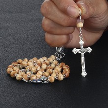 Colar religioso de madeira com rosário, pingente cruz de jesus, joias da virgem maria, colar de declaração de metal, presente de mãe, nc086 2024 - compre barato