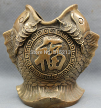 bi001051 Chinese Bronze Copper Wealth Coin Fu 2 Fish Head Statue Brush Pot Pencil Vase 2024 - buy cheap