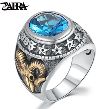 Brinra anel masculino de zircão azul, prata 925, pedra vintage, punk-rock, cabeça de ovelha, tailandês, artesanal, joia de prata esterlina 2024 - compre barato