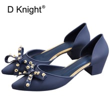 Sexy Rivets Bow Jelly Shoes Pointed Toe Thick Heels Women Sandals Plastic Shoes Casual Slip On PVC Beach Shoes Woman Black Army 2024 - buy cheap