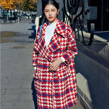 Women Winter Red Houndstooth Woolen Coat Turn-down Collar Outerwear Female Autumn Wool Jacket Plus Size Thick Warm Long Parka R2 2024 - buy cheap