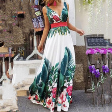 Fashion Women Dress Summer V-Neck Sleeveless Dress Collect Waist Bohemian Print Maxi Dress Maxi Dress 2019 Summer Dress 2024 - buy cheap