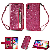 Capa carteira com zíper para iphone, capa estilo carteira com glitter, em couro pu, para iphone 7 xs max 11 pro max x 10 xr 6 6s 7 8 plus 2024 - compre barato