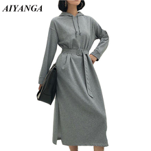 2018 New Hooded Dress Women Autumn Dresses Long Sleeve Casual Style Medium Long Loose Dress For Woman Sashes Female vestido 2024 - buy cheap