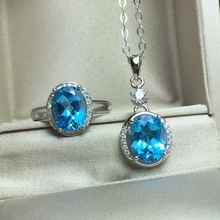 KJJEAXCMY-Colgante de anillo de Topacio azul natural para mujer, conjunto de 2 piezas de joyas de boutique de Plata de Ley 925 con incrustaciones, collar 2024 - compra barato