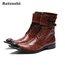 Batzuzhi botas masculinas de cowboy ocidental, botas de couro genuíno preto/marrom, bico de ferro ponteagudo para motocicleta militar 2024 - compre barato