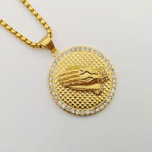 Gold Color Stainless steel Round Praying hands pendant necklace Rhinestones Praying hands medal necklace religious BLKN0798 2024 - buy cheap