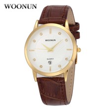 Woonun relógio masculino de couro legítimo, relógio ultra fino e simples de quartzo à prova d'água com diamante, 2020 2024 - compre barato