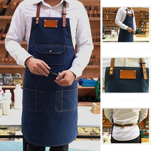 Practical Working Denim Bib Apron With Leather Strap For Barista Chef Barber Pocket Studio Uniform 2024 - buy cheap