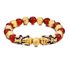 Pulsera de doble Pixiu Feng Shui de oro de imitación, pulsera de cuentas de piedra Natural, joyería de animales de Mascota 2024 - compra barato