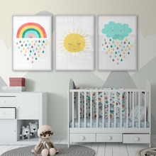 Póster de arte con diseño de nubes y lluvia para niños, decoración de cuarto de niños con diseño de sol Neutral de género, lienzo impreso de arco iris para habitación de bebé 2024 - compra barato