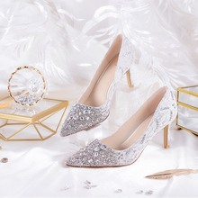 2019 New Spring Silver Crystal Shoes High-heeled Cinderella Wedding Shoes Women Bride Shoes Diamond Wedding Shoes Short 2024 - buy cheap