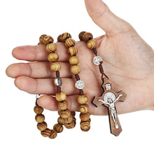 Catholic Crucifix Necklace Wood Beads Chain Necklaces INRI Saint Benedict Cross Pendant Religious Jewelry for Women Men 2024 - buy cheap