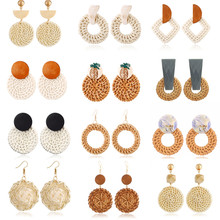 Women Straw Rattan Woven Wooden Earrings Geometric Dangle Ear Stud Jewelry Gift 2024 - buy cheap